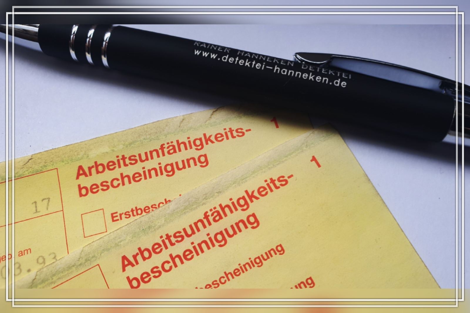 Ein schwarzer Kugelschreiber liegt auf mehreren vergilbten Dokumenten mit der Aufschrift Arbeitsunfähigkeitsbescheinigung.